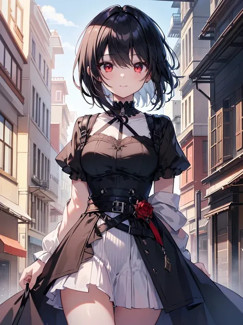 (masterpiece, highest quality, highest quality, (No text), Beautiful and aesthetic:1.2),No text,アニメ、BREAK,One Girl，Black Hair Girl　short hair　older sister　choker　Beautiful eyes　Red eyes　cool　smile　Black and Red　whole body　In town