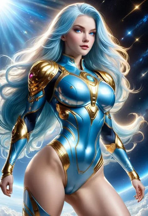 BOMBSHELL SHINING LIGHT BLUE HAIR VALKYRIE FLYING OUTERSPACE,  PALE SKIN, LIGHT BLUE EYES, HIGH CHEEKBONES, ROSY CHEEKS, MENTAL FORAMEN, HUGE LONG HAIR,LIGHT BLUE THONG LEOTARD ARMOUR,  LONG GOLD GAUNTLETS, ATHLETIC CURVY BODY, EXPOSED ARMS, DETAILED QUADR...