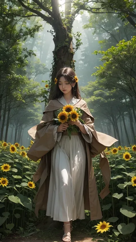   A one shining sunflower in the middle of a silent night forest, the light of a flower, the beauty of fantasy