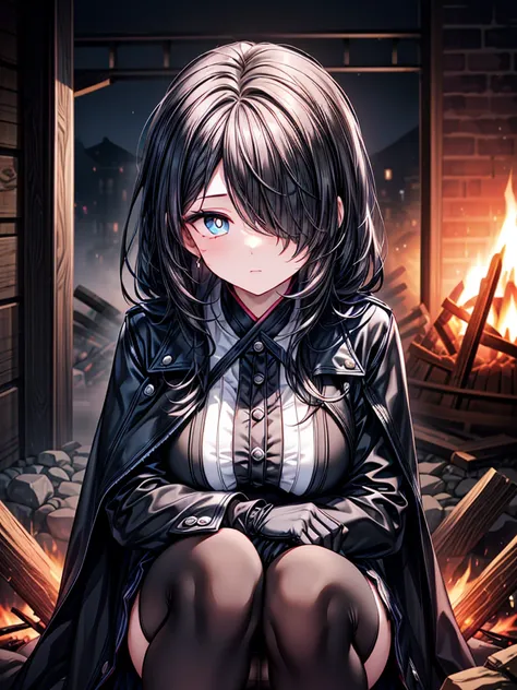 ((Oriental Project)),((masterpiece)),((Crouching in front of a bonfire)),((Highest quality)),((Fascinating)),((alone)),((Deep blue pupils)),((Beautiful Blue Eyes)),((Wearing a black coat)),((Wearing a black mini skirt,She is wearing black tights under her ...