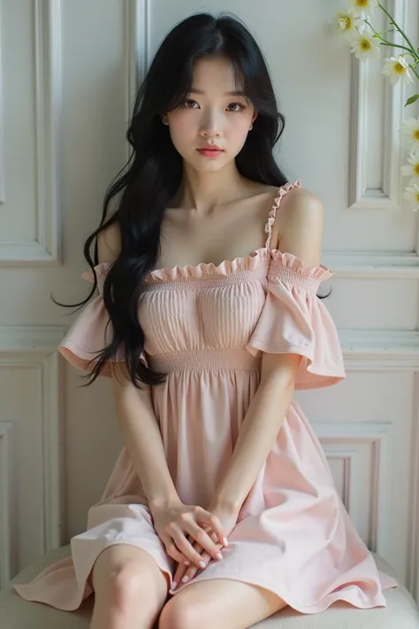 Real Korean girl wearing a short dress and her hair is black and long