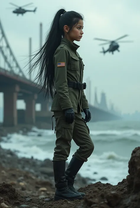 Long black hair white 17 year old girl wearing military uniform,Boots， full-body shot，side，War Background，seaside，New York，Iron bridge,Helicopters，Big brown eyes, Science Fiction, dark mood, charturnerv2