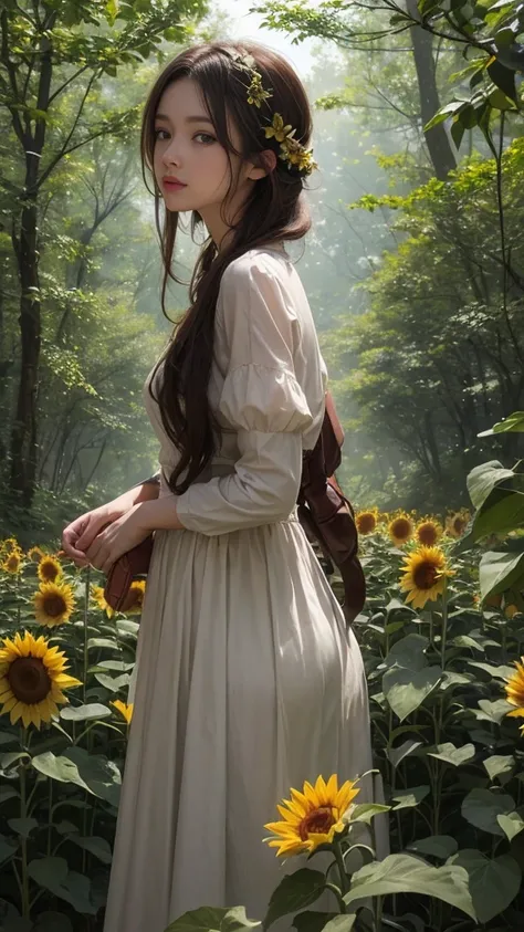   A one girl with brown hair shining sunflower in the middle of a silent night forest, the light of a flower, the beauty of fantasy