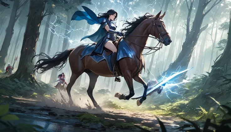 (masterpiece:1.5),(Beat quality),(high res),3girls,A female knight with a shining spear in her right hand,Riding a horse,A female adventurer wielding a sword,Magician Woman,thunder,forest