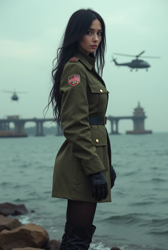 A 30-year-old woman with long black hair wearing military uniform.,Boots， full-body shot，side，War Background，seaside，Soviet style，Iron bridge,Helicopters，Big brown eyes, Science Fiction, dark mood, full-body shot片