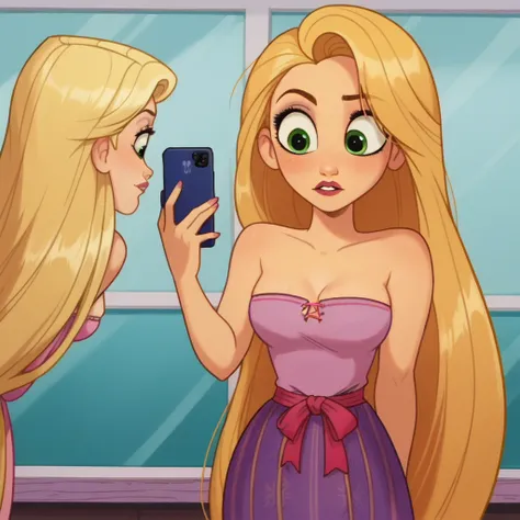 score_9_presence, score_8_up, rapunzel, wrapped in towel, medium breasts, holding phone