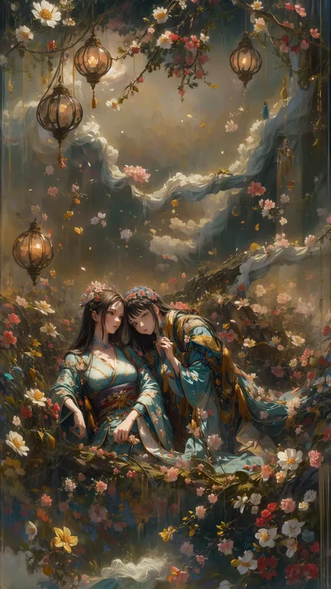 Two young girls with flowing brown hair lie side by side, the
their hair adorned with floral ornaments, their eyes gently closed in tranquility.
Dressed in kimonos with floral prints and sashes, they are
barefoot and lying on their sides, their posture is ...