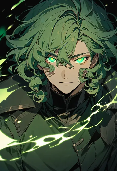 male, solo, handsome, green eyes, green hair, short hair, curly hair,  dark green aura, glowing eyes, beautiful eyes