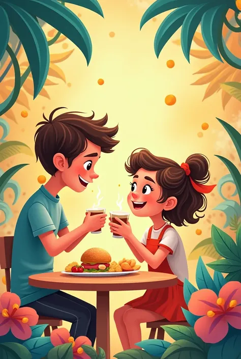 A girl eating a fish with her father beside her.make it cartoon style with colorful backgroun.
