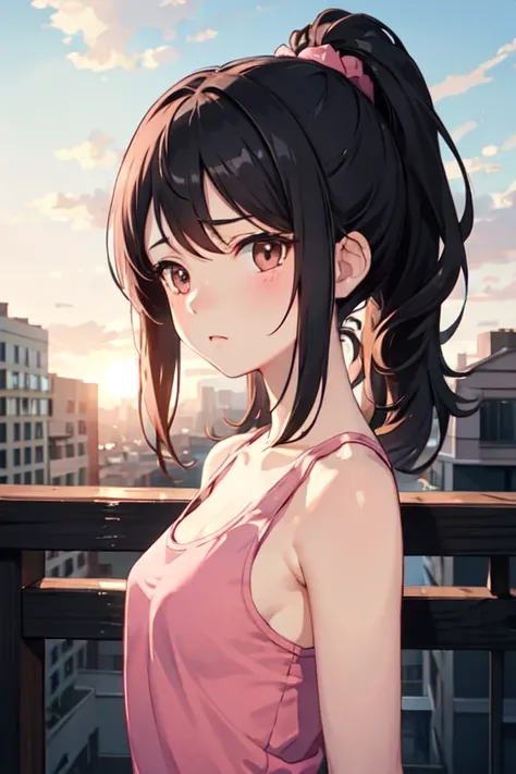 ((best quality)), ((masterpiece)), (detailed), 1girl, loli female, small medium height, black hair, medium hair, ponytail, brown eyes, pink tanktop, small breast, sad face, look to the sky, afternoon vibes, house balcony background