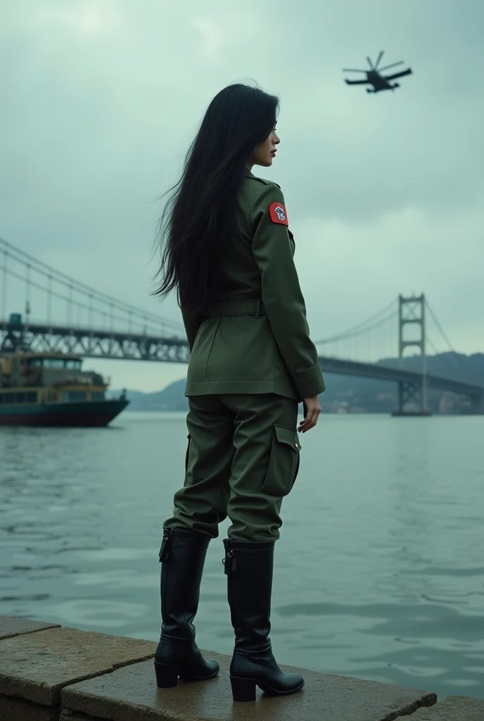 full-body shot片，Film Style，A 30-year-old woman with long black hair wearing military uniform.,Boots， trousers，high-heel boots，full-body shot，side，War Background，seaside，Soviet style，Iron bridge,Helicopters，Dark clouds sky，Science Fiction, dark mood, full-b...