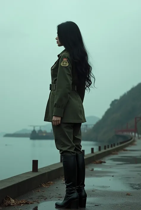 full-body shot片，Film Style，A 30-year-old woman with long black hair wearing military uniform.,Boots， trousers，high-heel boots，full-body shot，side，War Background，seaside，Soviet style，Iron bridge,Helicopters，Dark clouds sky，Science Fiction, dark mood, full-b...