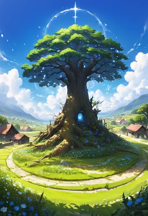 Large sacred tree in the background, sacred golem trapped in the tree between its roots, (dreamy landscape), abandoned village, field of flowers, Garden, Raby, blue sky
