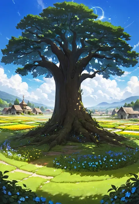 Large sacred tree in the background, sacred golem trapped in the tree between its roots, (dreamy landscape), abandoned village, field of flowers, Garden, Raby, blue sky
