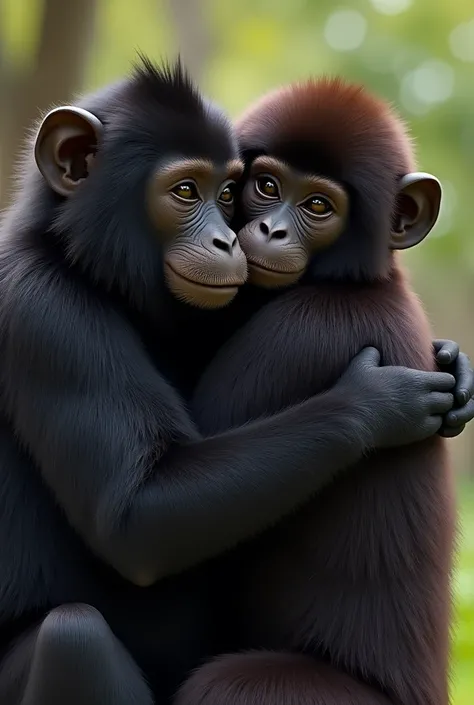 A monkey hugging a black person and the black person is furry.
