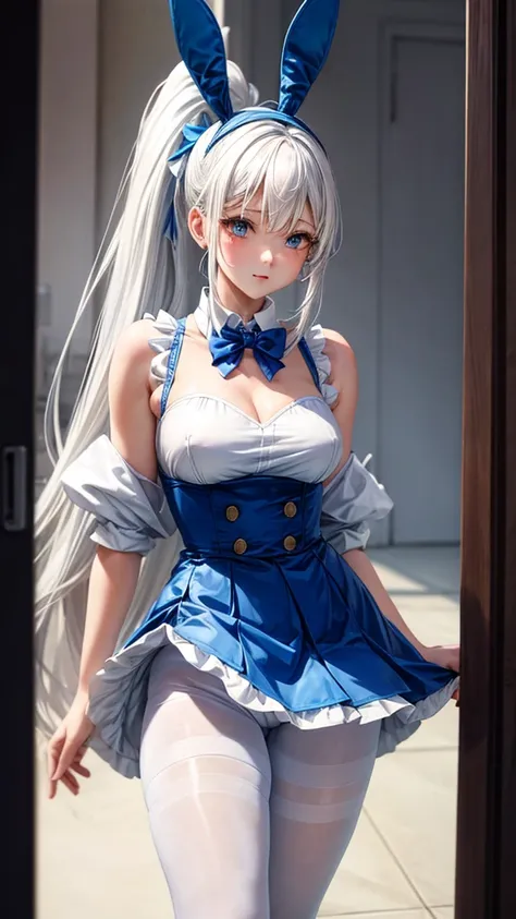 Blue bunny, white hair, long ponytail, pantyhose 