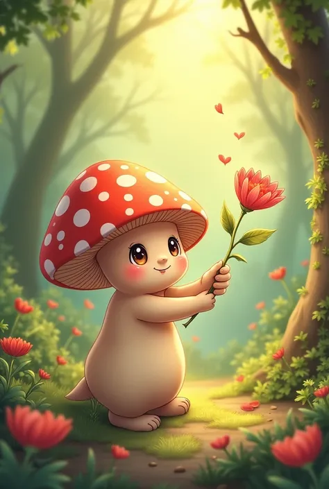 Cute little anime mushroom proposes with a flower in his hand