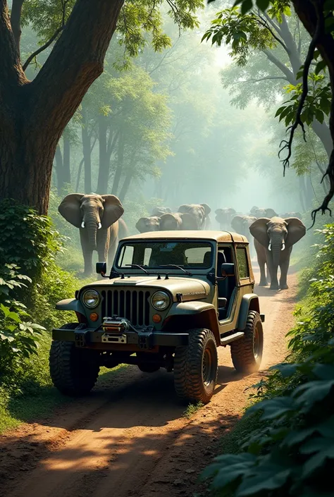 A jeep in forest with wild elephants 