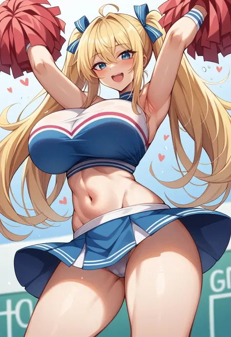 blonde、blue eyes、girl、Huge breasts、（Huge breasts1.６)、Twin tails、、girl、Large Breasts、Lolita、Bright smile、Looks about 12 years old、Busty girl、short、目のhighlight、Sexy thighs、Cheerleader、Please show me your armpits、Your eyes are so beautiful、highlight