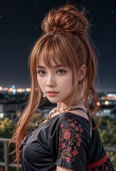 kasumi, eyes browns, (best qualityer, ultra detail), (realisitic:1.37), beautiful and detailed face, ultra-realisitic texture, Exquisite face, Delicate body, red lipgloss stick, shiny colors. High definition, 8k, expression a slight cute smile