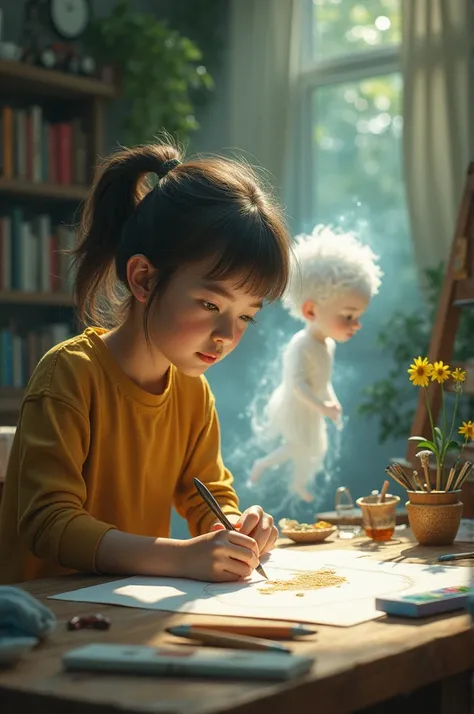 An artist drawing with their childlike form behind them