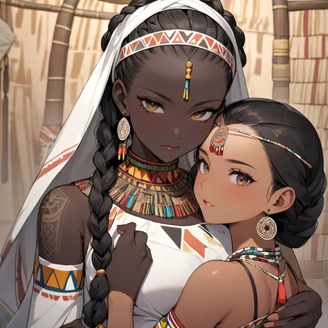 ((Highest quality)), ((masterpiece)), (detailed), （Perfect Face）、The woman is wearing a tribal wedding dress and is hugging and kissing a tribal man to celebrate her wedding.、The woman has bright black skin、（Ghana braids with strong curly hair slicked back...