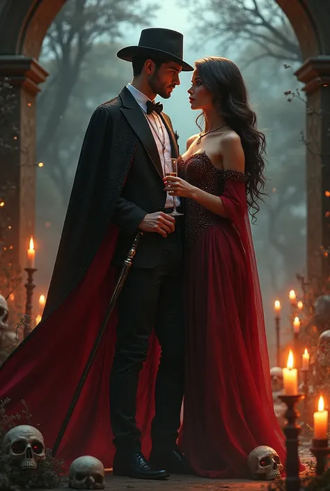 Beautiful woman and man, glitter dress, red and black cape, glass of champagne, candles, cemetery, fire, calaveras, whole body, necklaces, Red eyes, man with an old hat, walking stick, smile , whisky, white mens clothing, Red eyes 