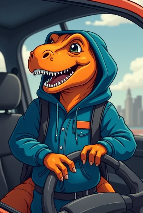 kind orange cartoonish trex in a blue hoodie engineer working on a car