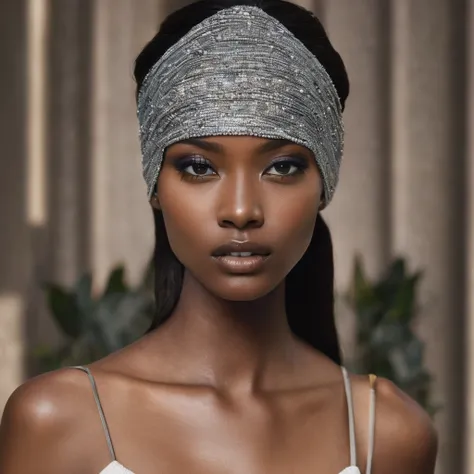 A close-up of a model with her face covered in {element} that wraps gracefully around her head, creating an {impression} effect. The eyes are {eye characteristic}, radiating {emotion}. On the lips is {makeup color and type}, contrasting with {skin color}. ...