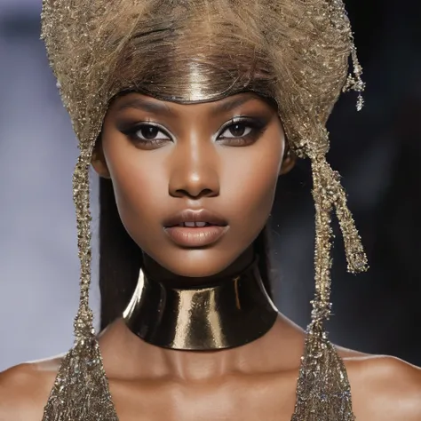 A close-up of a model with her face covered in {element} that wraps gracefully around her head, creating an {impression} effect. The eyes are {eye characteristic}, radiating {emotion}. On the lips is {makeup color and type}, contrasting with {skin color}. ...