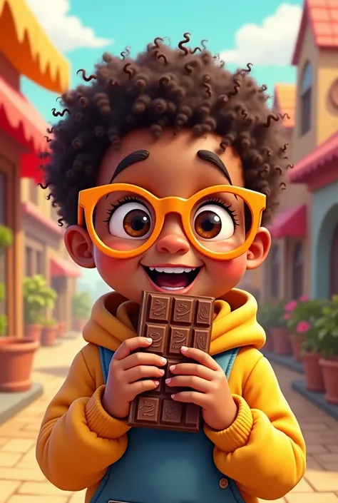 Cartoon of a brown-skinned child with chocolate bars and orange glasses 