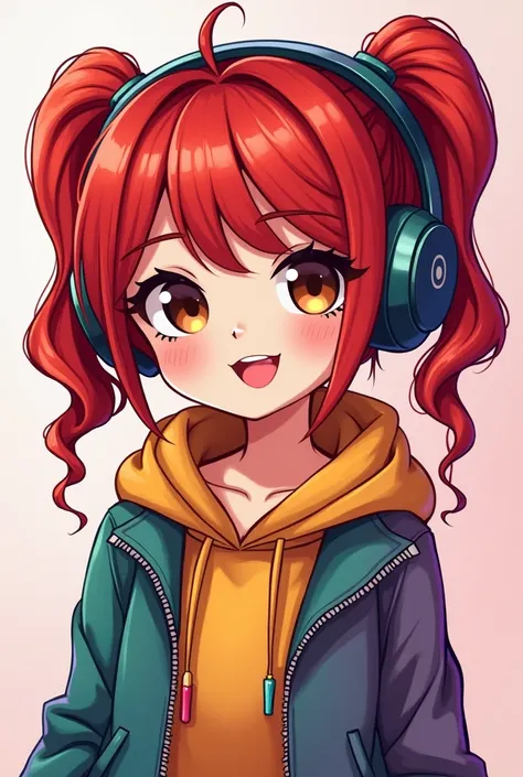 Avatar for the YouTube channel in the style of Julia Minergril, but it changes because Vanelo is red and the clothes are colorful. I want a cartoon style. I draw the hair style and tied on both sides and she is a gamer. Red hair is bigger and with colorful...