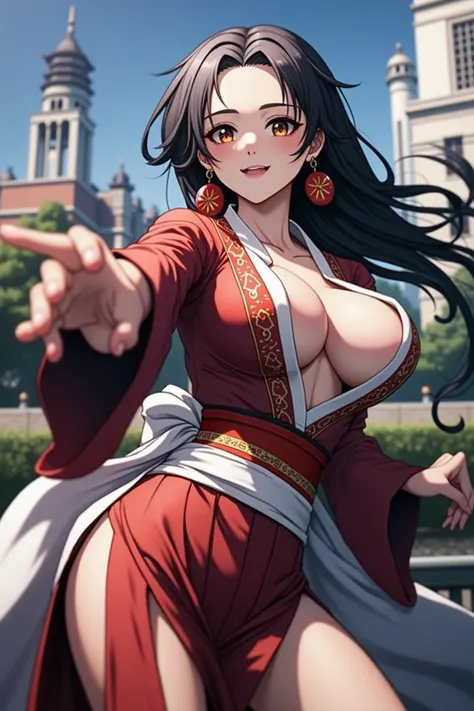 masterpiece, Highest quality, Absurd, Perfect Anatomy, unity 8k wallpaper,Best Anime,Dynamic Angle、Action pose:Disconnect Action、Cowboy Shot,20 year old beauty、Boa Hancock,Black Hair,Long Hair,Center parted bangs,Slender body,((Big Breasts)),Turn your body...