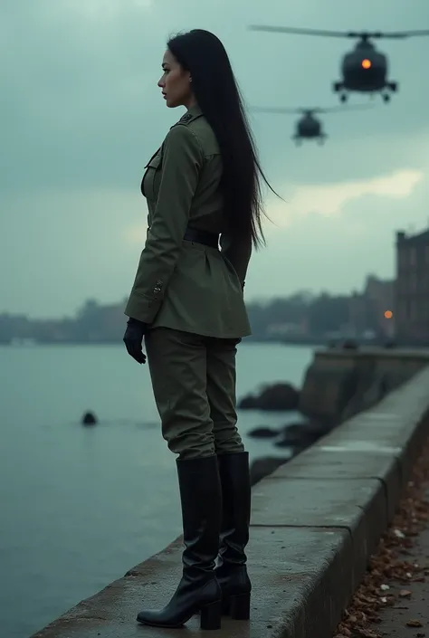 A 30-year-old woman with long black hair wearing military uniform.,Boots， trousers，high-heel boots，full-body shot，side，War Background，seaside，Iron bridge, Helicopters，Dark clouds sky，Science Fiction, dark的心情, full-body shot片，War atmosphere，Excellent detail...