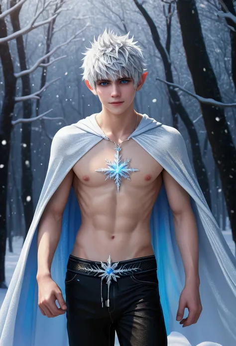 (Jack Frost: 1.6), full full body shots  photorealistiic young man, fairy prince , 18 years old, milk white skin, blue eyes, white hair, shirtless, 6-pax abs, (full body shot), young boy, 18 years old, beutiful, perfect, milk white skin, handsome and ver h...