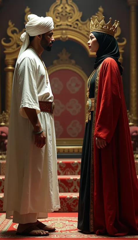 An Indonesian man, aged 35, adorned in a white turban and a flowing white robe, with warrior-style sandals, is having a discussion with a Javanese queen. The queen is depicted in a striking red abaya, a black kemben, with jasmine flowers on her golden crow...