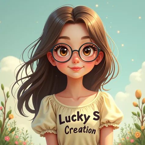 Create a girl with spectacles long hair beautiful eyes cute smile "Lucky S Creation" name written in her dress