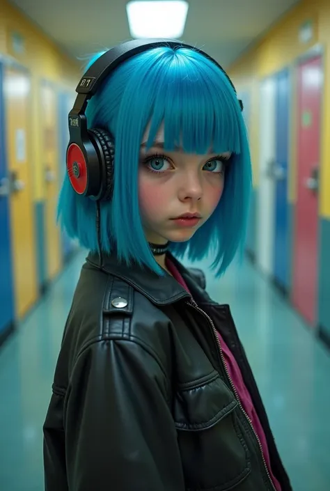 a 16 year old rock girl with blue hair in the school hallway with headphones