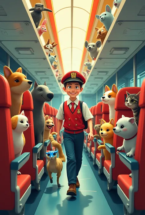 A boy flight attendant with animals(using differend types of elements in art)