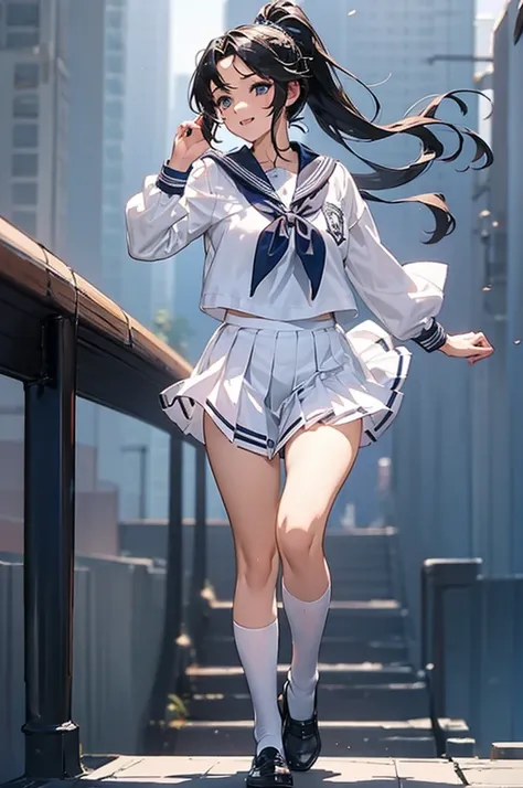 (((beautiful))), (((Sailor suit, One Woman, Walking, full body))), ((Black Hair, Long Hair, ponytail, hair ornaments)), Large Breasts, Huge Saggy Tits, Glowing Skin, Sweat, (((Intricate details))), High resolution, ((Intricate details, Ultra-detailed)), fr...