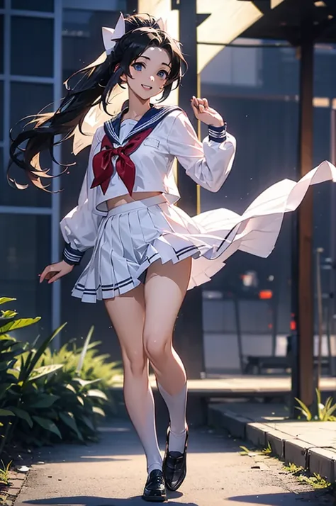 (((beautiful))), (((Sailor suit, One Woman, Walking, full body))), ((Black Hair, Long Hair, ponytail, hair ornaments)), Large Breasts, Huge Saggy Tits, Glowing Skin, Sweat, (((Intricate details))), High resolution, ((Intricate details, Ultra-detailed)), fr...