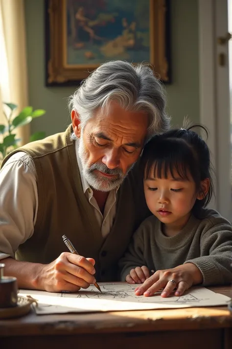 A renowned artist drawing with his child form behind with a proud face 