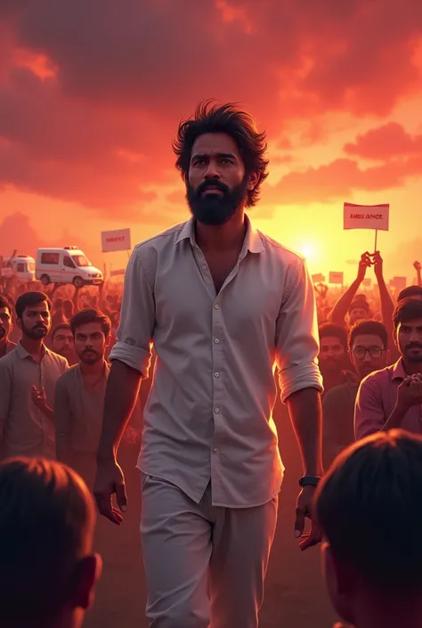 A person with dark hair and beard giving free ambulances to tamilnadu peoples  wearing white shirt background dramatic sky red shade standing in field of people poster design 
