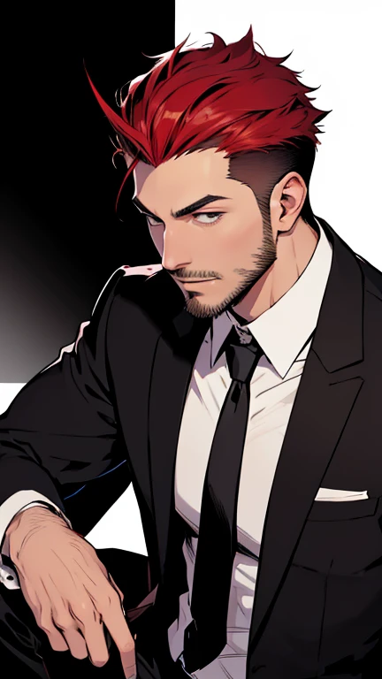 short hair with spiky hairstyle、black suit、black tie、a young man with red hair, short and slender.、(((stubble))),american comics...