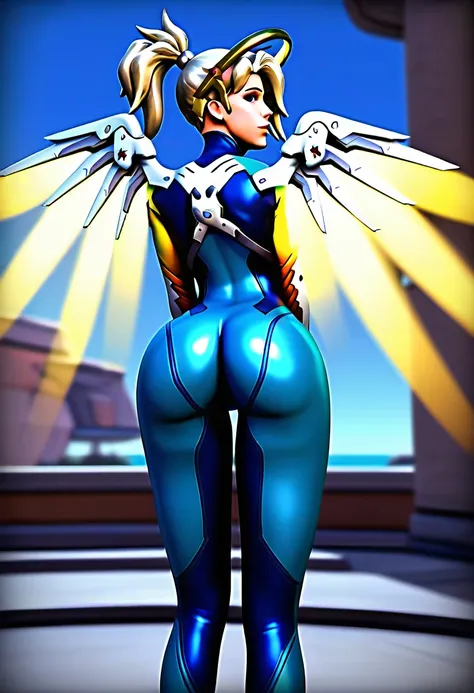 score_9, score_8_up, score_7_up, 3d, 1girl, solo, mercy (overwatch), ass, zero suit, looking back, presenting, blue bodysuit,