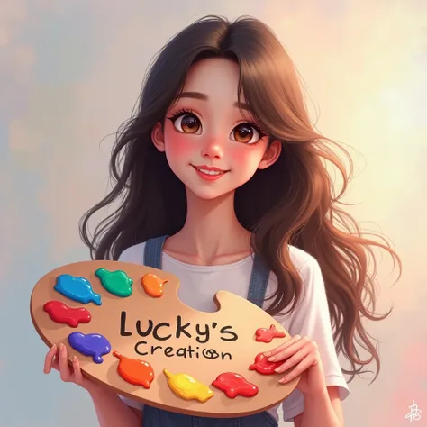 Create a artist girl with spectacles long hair beautiful eyes cute smile "Lucky S Creation" name written in her art pallette 