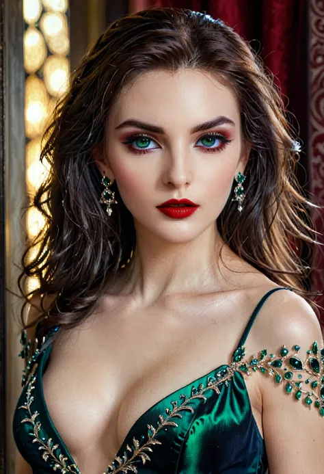 Create a realistic full-body image of a Toreador clan vampire named Estella. She is a figure of impeccable beauty and supernatural elegance. Her skin is pale and fair, with an ethereal glow in the light. his eyes are deep-set, possessing an intense color l...