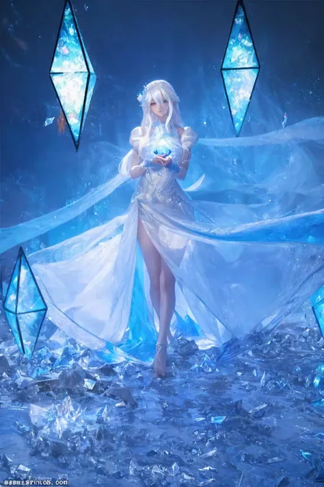 The image shows a young woman with long white hair, wearing a white dress with a flowing skirt. She is standing in front of a blue background with three large blue diamond-shaped structures scattered around her. The woman is holding a crystal ball in her h...