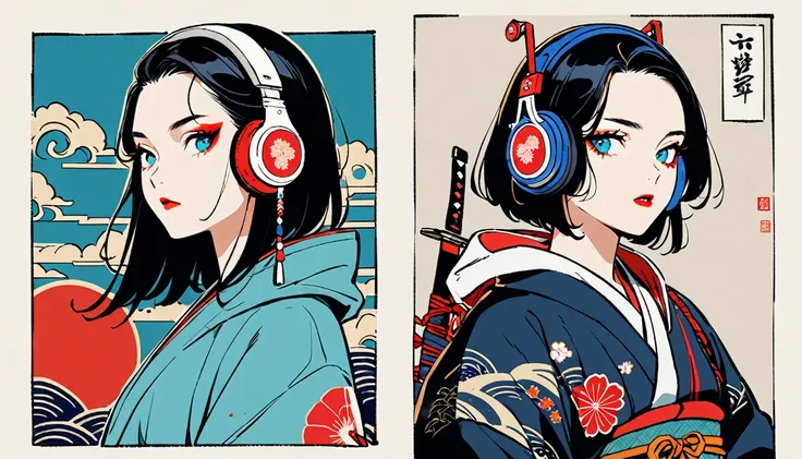 (((1 girl))), (((Flashy makeup))), (((Japanese style headphones))), (((Japanese pattern hoodie))), (((Japanese sword))), (((Female samurai))), Japanese beautiful girl, Black Hair, Delicate and precise, Modern ukiyo-e style, Japanese flag, red and blue neon