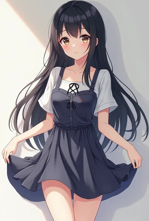 Real Japanese girl wearing a short dress and her hair is black and long